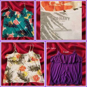 Set of 3 Women's Ruffled Neckline Floral Spaghetti Strap Old Navy Tank Tops LG